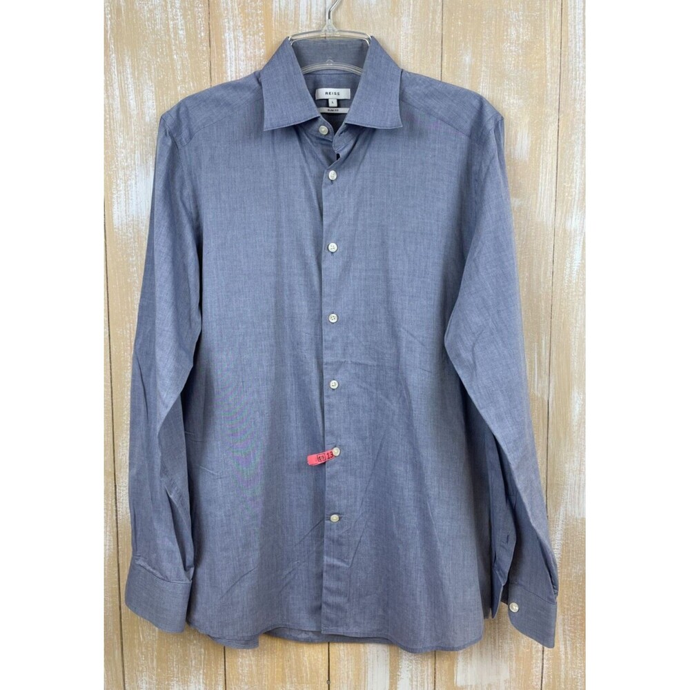 Reiss Men's Button Up Shirt Slim Fit Blue Size L Long Sleeve Office Chambray Zay